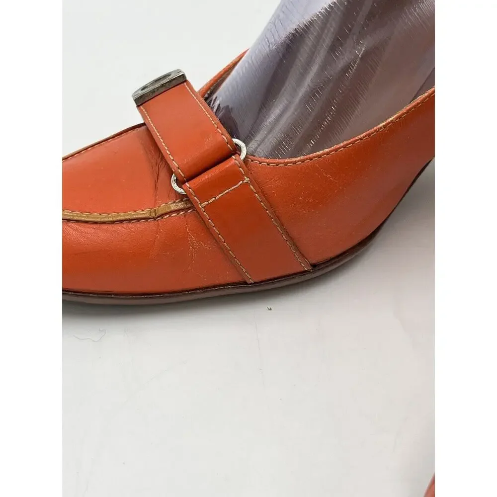 SALVATORE FERRAGAMO Orange Leather Gancini Pumps Button Metal Sz 7.5B/38‎